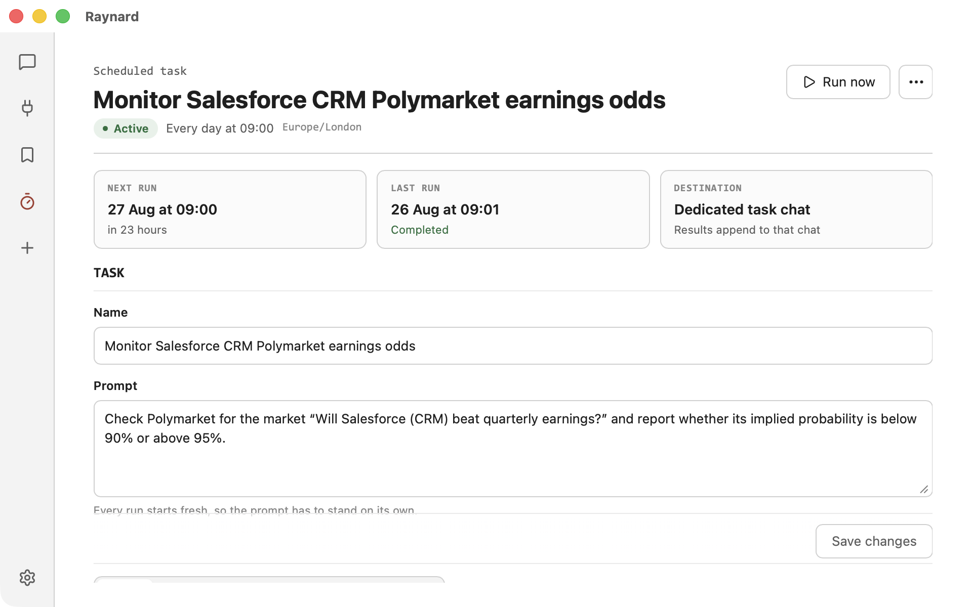 A scheduled Polymarket probability check in Raynard